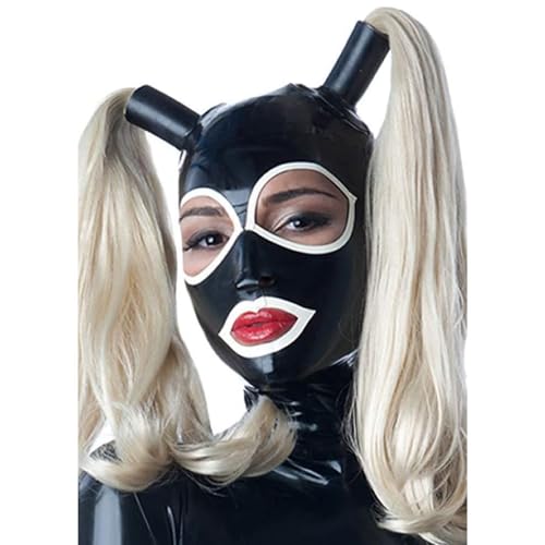 YXBLV Cosplay Party Latex Maske Doppel Pony Zopf Haube BDSM Bondage Sklave Mit Perücke Sexy Fetisch Gummi Paar Extreme Sex Spielzeug, M, Black